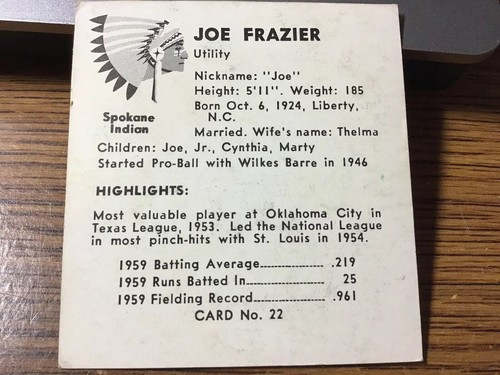 Joe Frazier  1960 Darigold Farms Spokakane Indian # 22