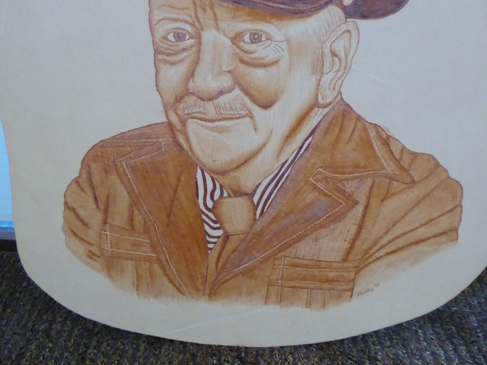 NEW WOOD BURNED LEATHER ART WORK OF IVAR'S ON WOOD BOARD 1981