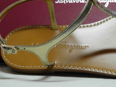Pre-owned Ferragamo Salvatore  Metallic Gold Tremiti Chain Trim Flat Sandal Size 8.5c$430