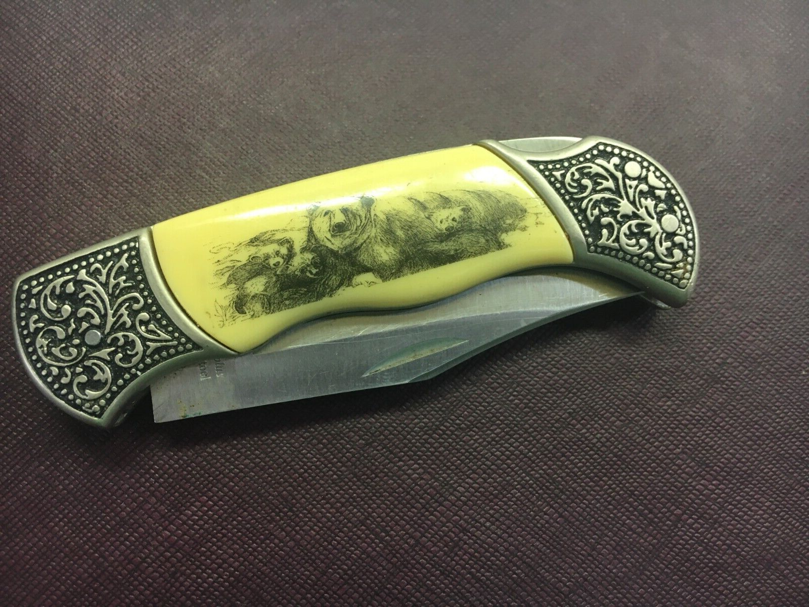 Fighter Plus Pocket Knife- Ivory tone bear design with ornate metal trim