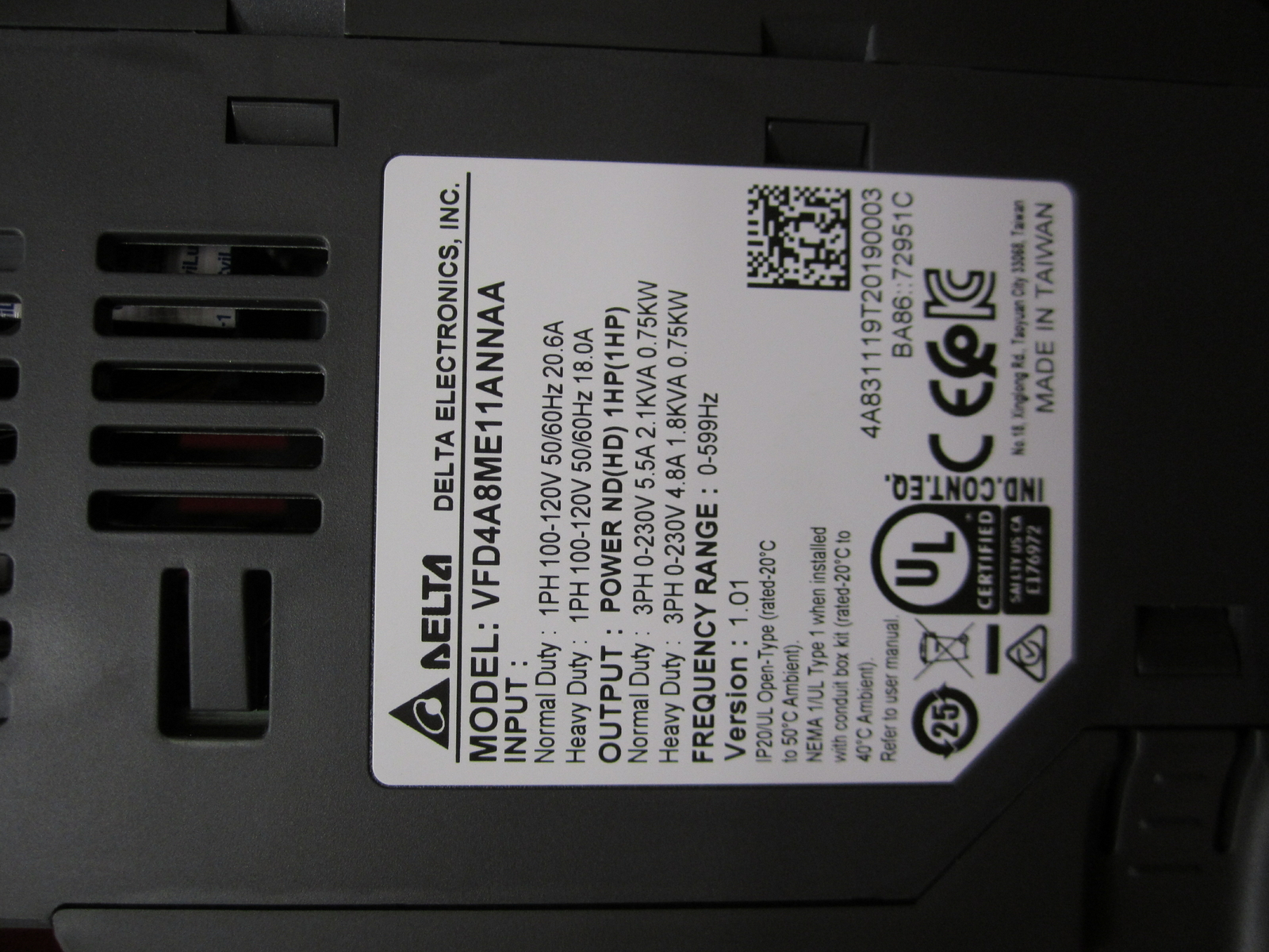 Delta VFD4A8ME11ANNAA Frequency Drive 1HP 110V 1PH 4.8A 0.75kW (VFD007S11A)