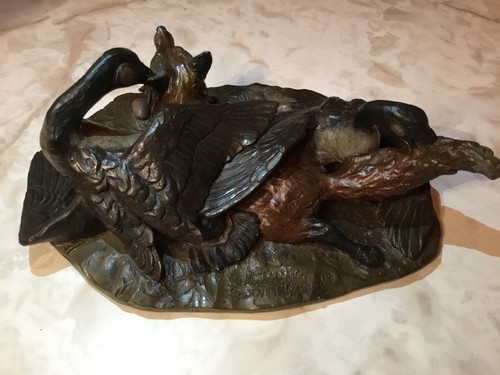 William H Turner Bronze Beautiful Two Geese Get Revenge On A Fox Signed Numbered