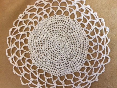 Vintage Hand Crocheted Round Doily, Circular Design, Lt. Beige, Scalloped Edges