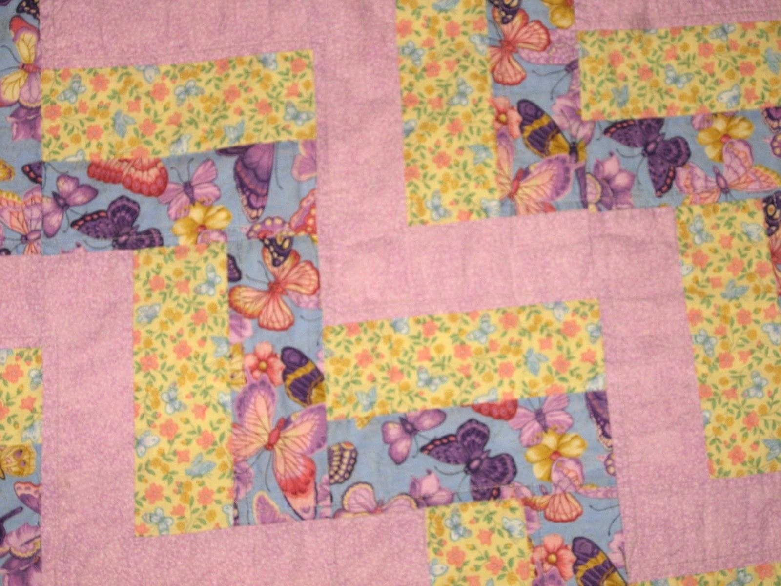 Handmade Quilted Blanket Patchwork Lavender Yellow Butterfly Floral 34