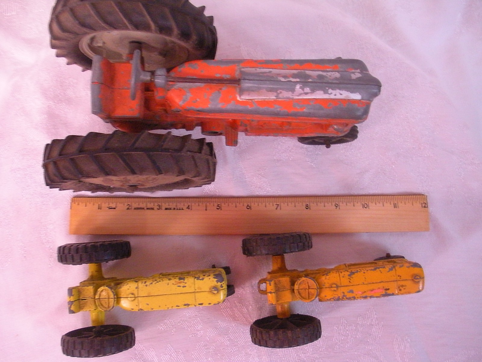 lot of 3 1950s HUBLEY RED YELLOW ORANGE DIECAST FARM TRACTORS  Kiddie Toy