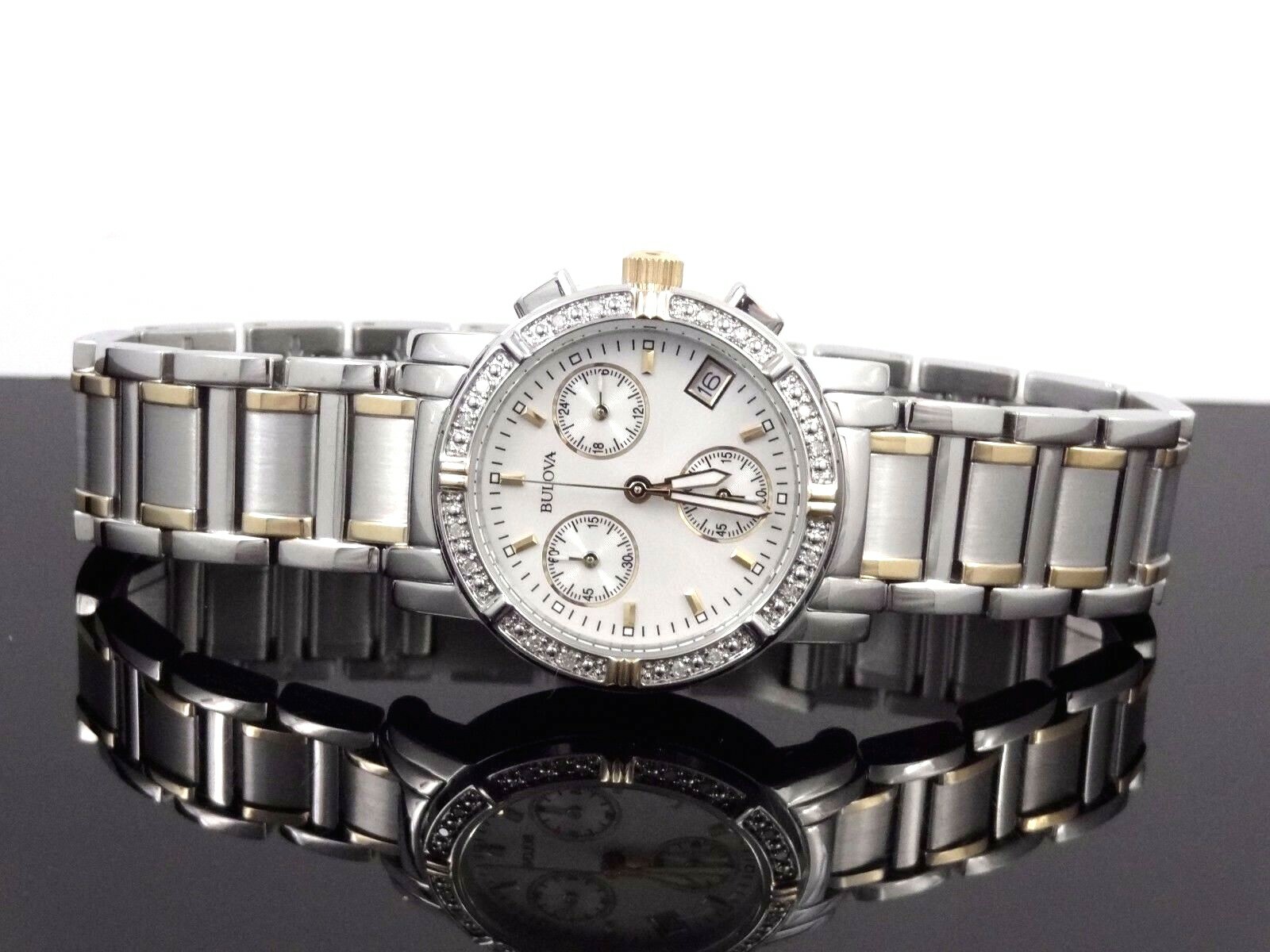 Pre-owned Bulova 98r98 Women's Diamond Encrusted Bezel Chronograph Date Two Tone Watch