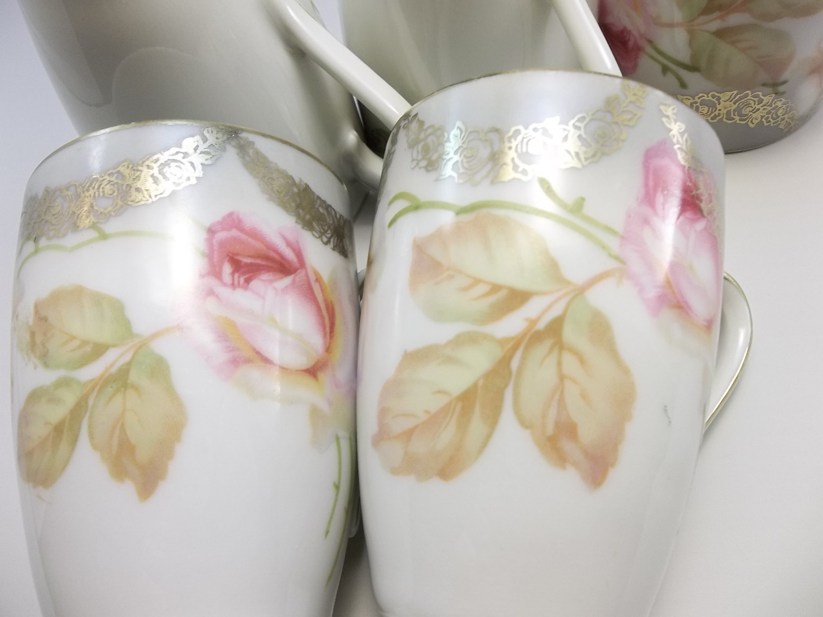 Antique Vessra German Chocolate Pot Cups Pink Roses Porcelain