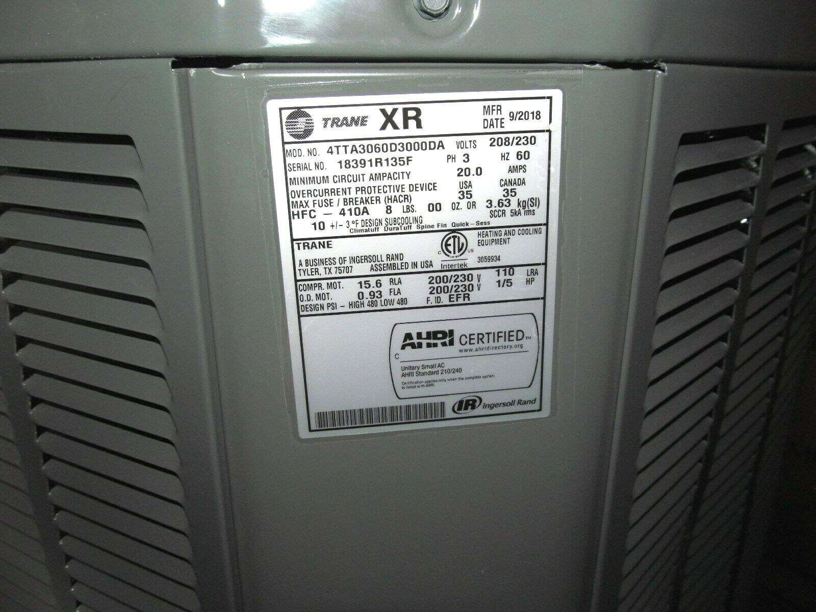 TRANE XR SERIES 4TTA3060D3000-DA 5-TON 13 SEER  3 PH NEW ON THE FACTORY PALLET