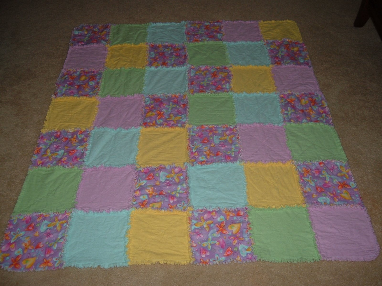 BUTTERFLY RAG QUILT  PASTEL COLORS PURPLE-AQUA-YELLOW-LIME