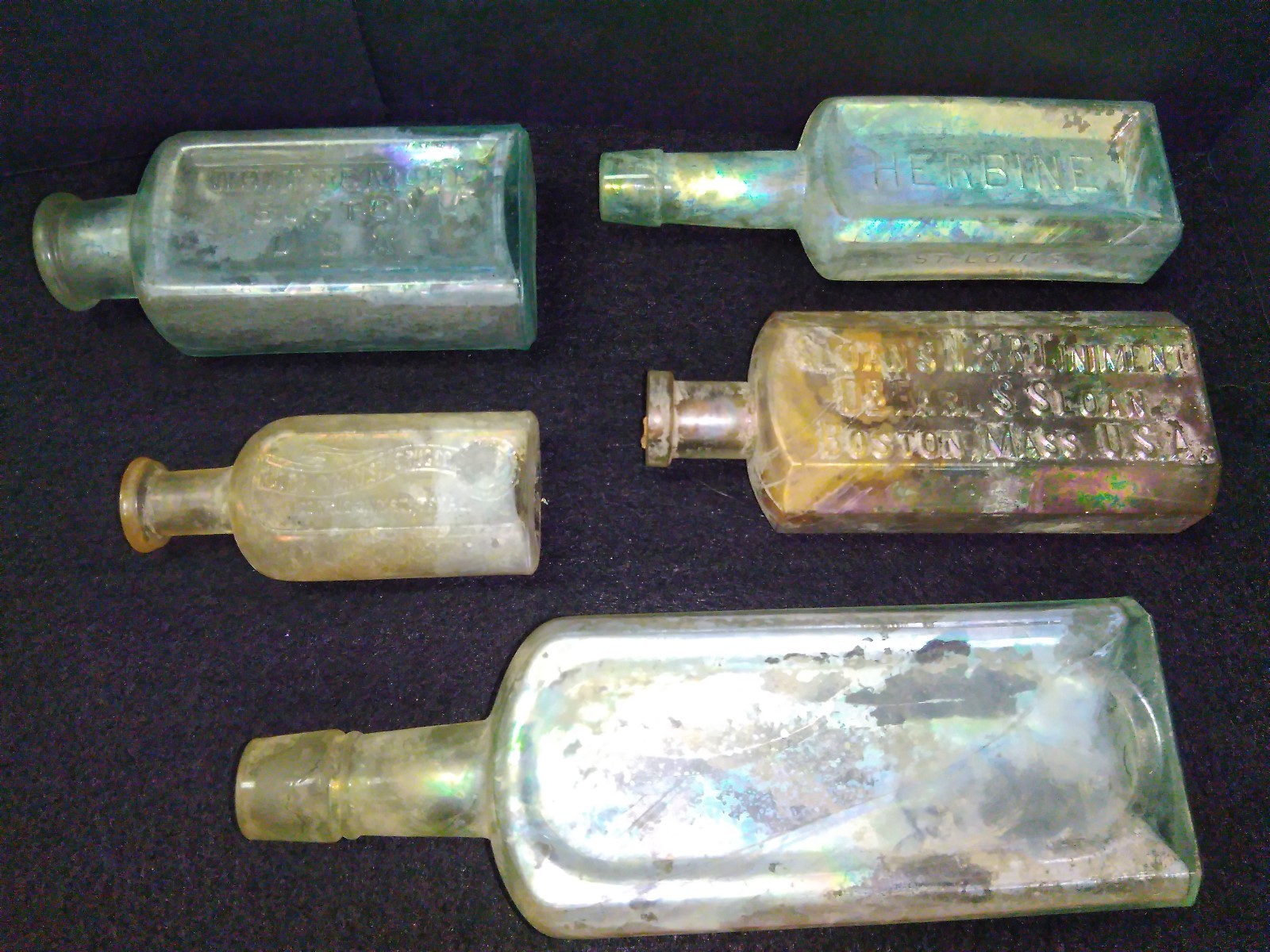 5 - Sea Recovered Shipwreck Glass Apothecary Medicine Bottles 1800's