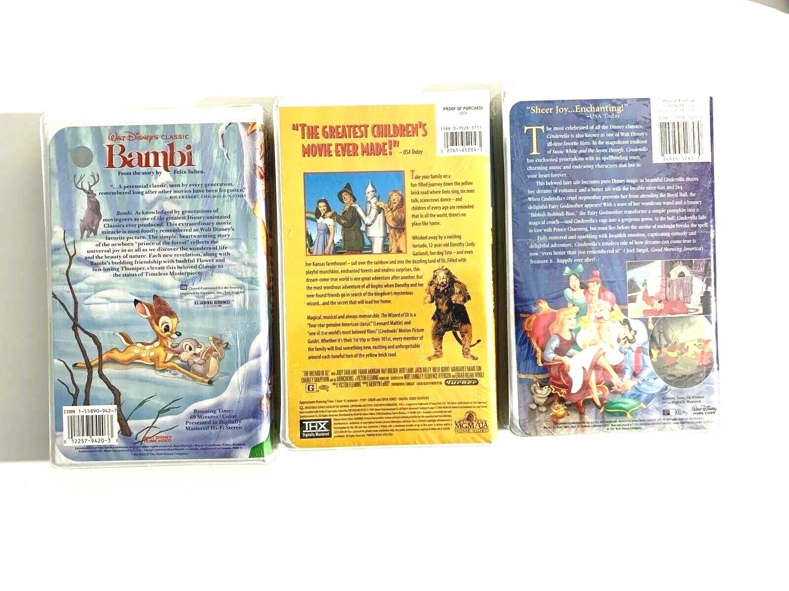 Lot Bundle of 3 Classic Childrens NEW VHS Video  Bambi Wizard of Oz Cinderella