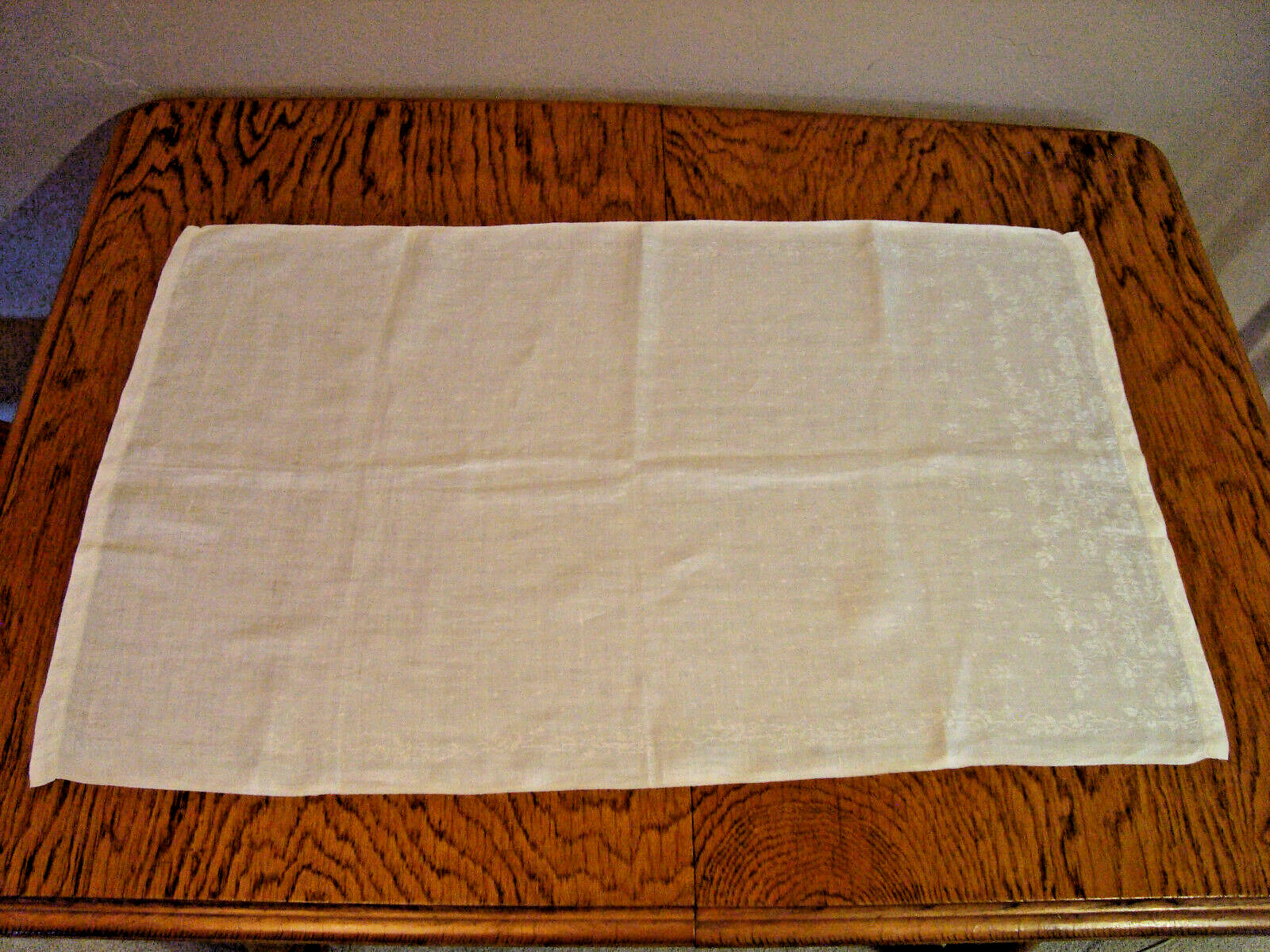 Vintage white flax LINEN dresser scarf, runner jacquard climbing roses