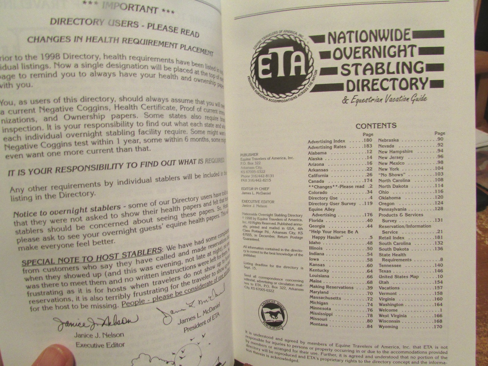 Nationwide Overnight Stabling Directory & Equestrian Vacation Guide 1998 LN
