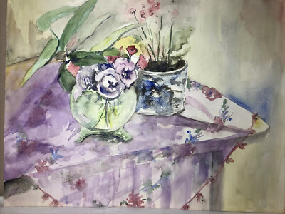 ORIGINAL ART Watercolor Painting Purple Floral Joan Perry (1928-2019) 24W x 18H