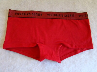 New Victoria s Secret Black Logo Red Sparkly Cotton Shortie Boyshort Panty
