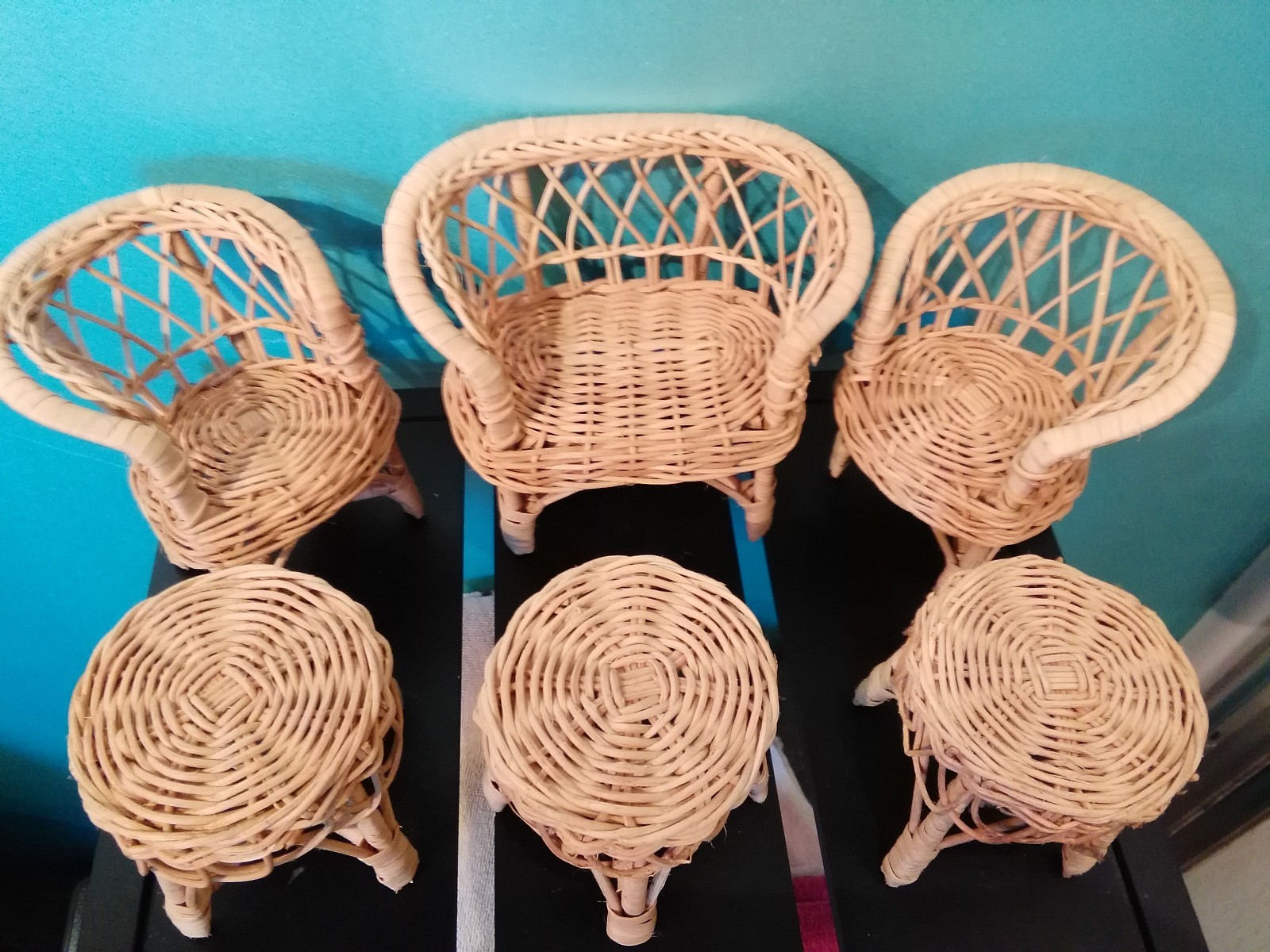 6 Pieces Vintage Barbie Doll Rattan Wicker Woven Furniture Chairs Loveseat Table