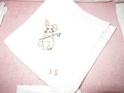 6 Vintage Muslin/Cotton Embroidered Tea Towels-Initials, Bunny Rabbit,Apple, Pie