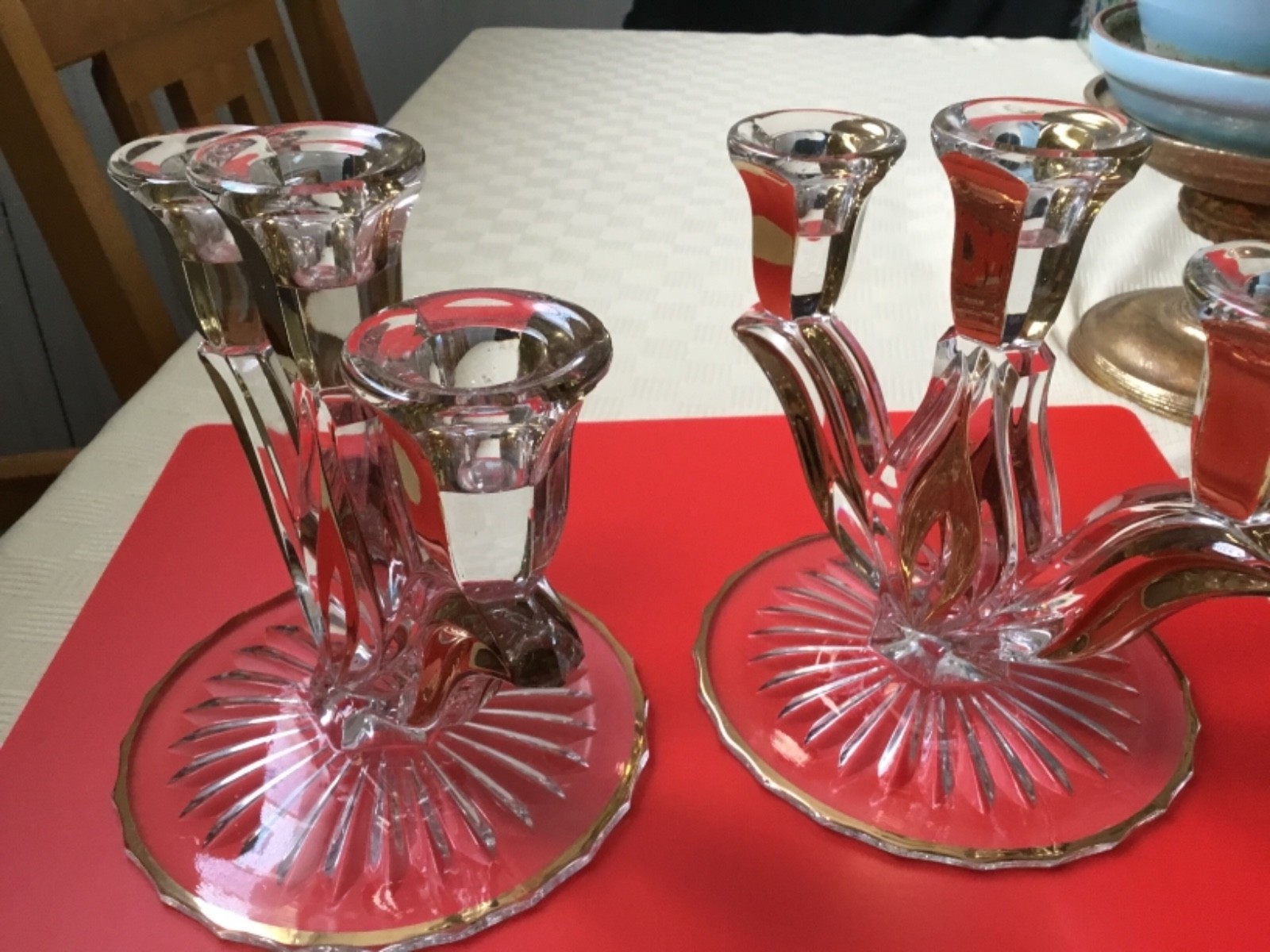 Pair of Mid century Glass Candelabra, 3 light, Gold accents