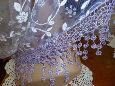 head covering, veil, mantilla  lace, pale purple floral with white and silver