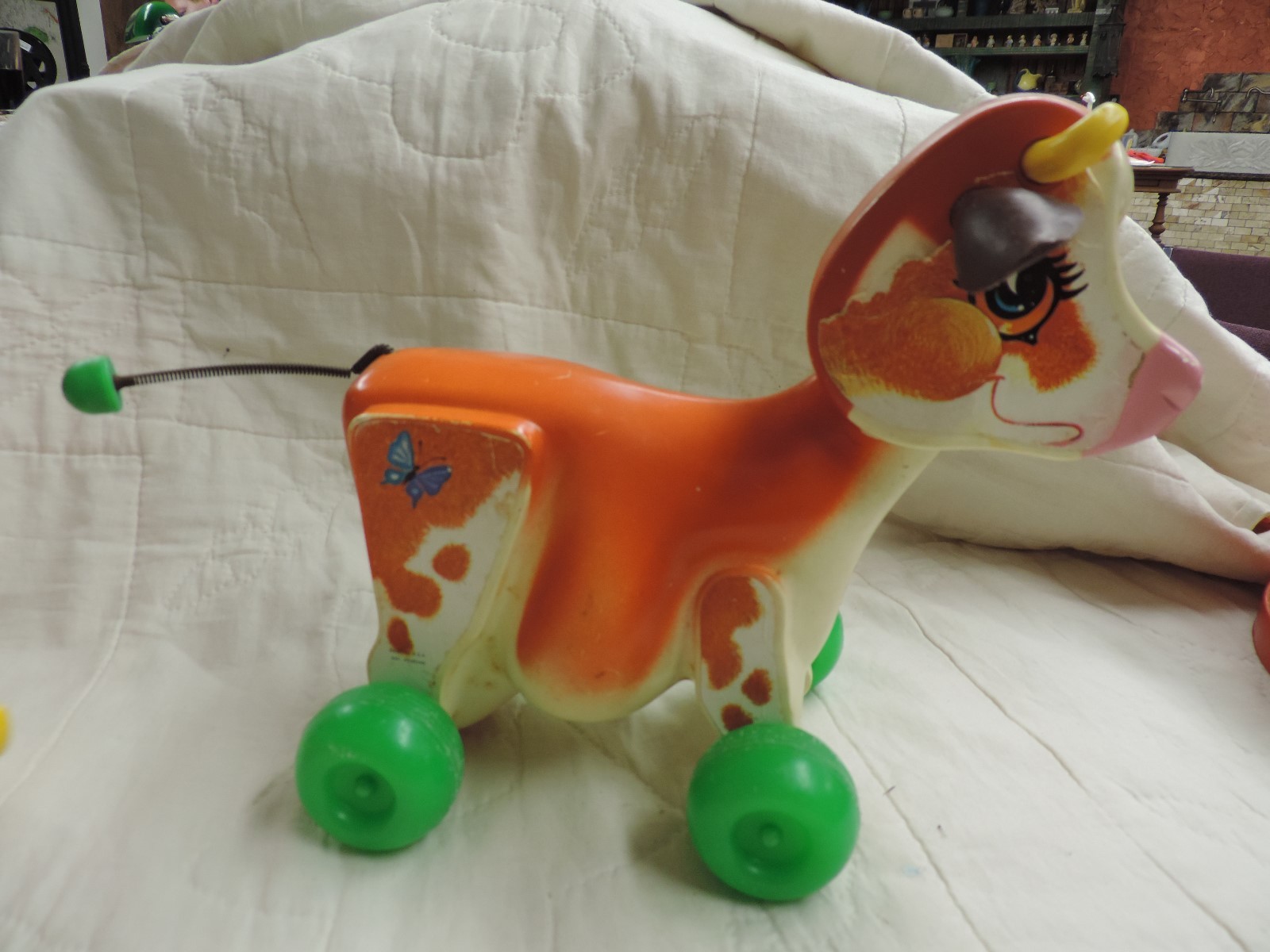 Vintage Lot 4 Fisher Price Wood Pull Toys Seal Dog Cow and Drum Set