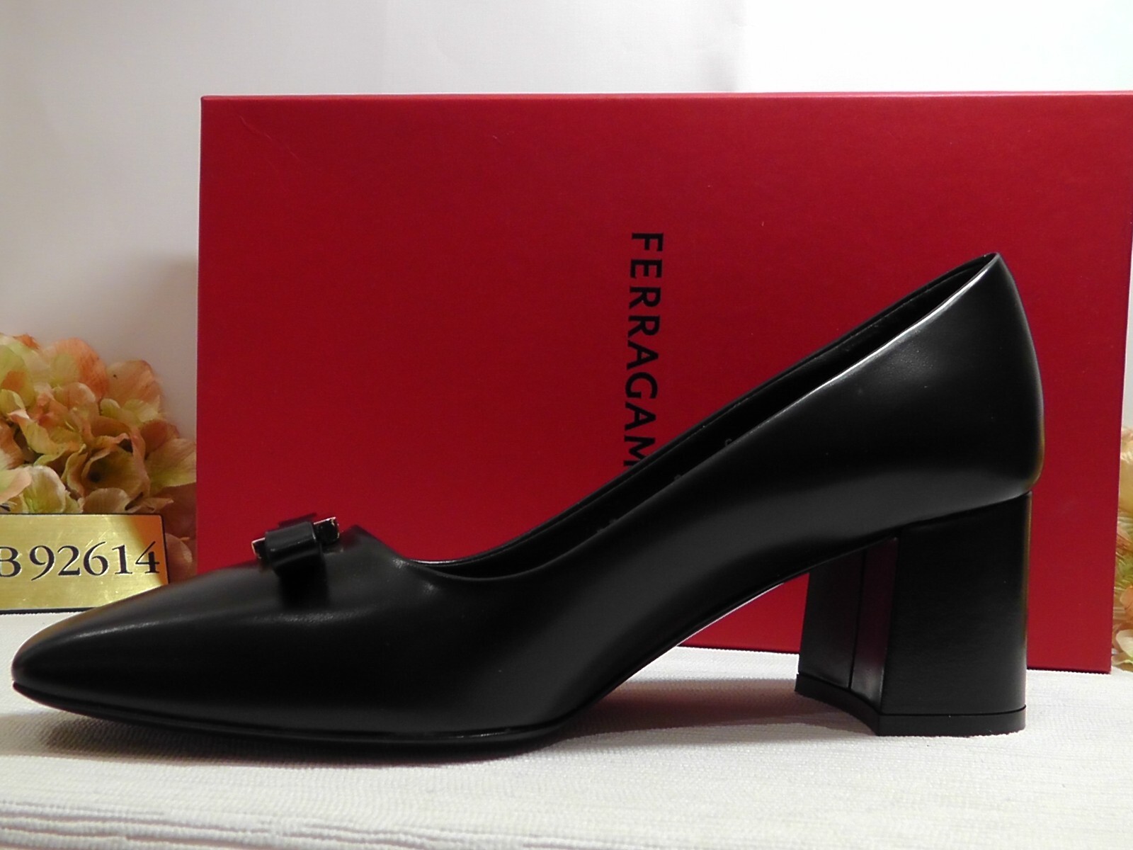 Pre-owned Ferragamo Black Leather Myra Bow Block Heel Pumps Size 9c $850nib