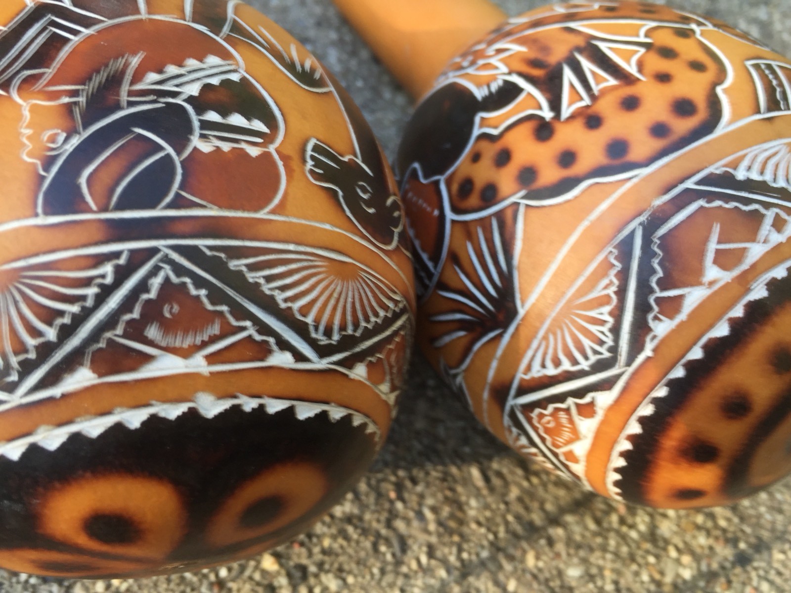Two GOURD SHAKERS Decorated Musical Instruments Percussion Approx. 8