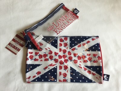 Take Me Away LONDON ENGLAND 2 Clear Travel Bags w Union Jack minor defect in pic