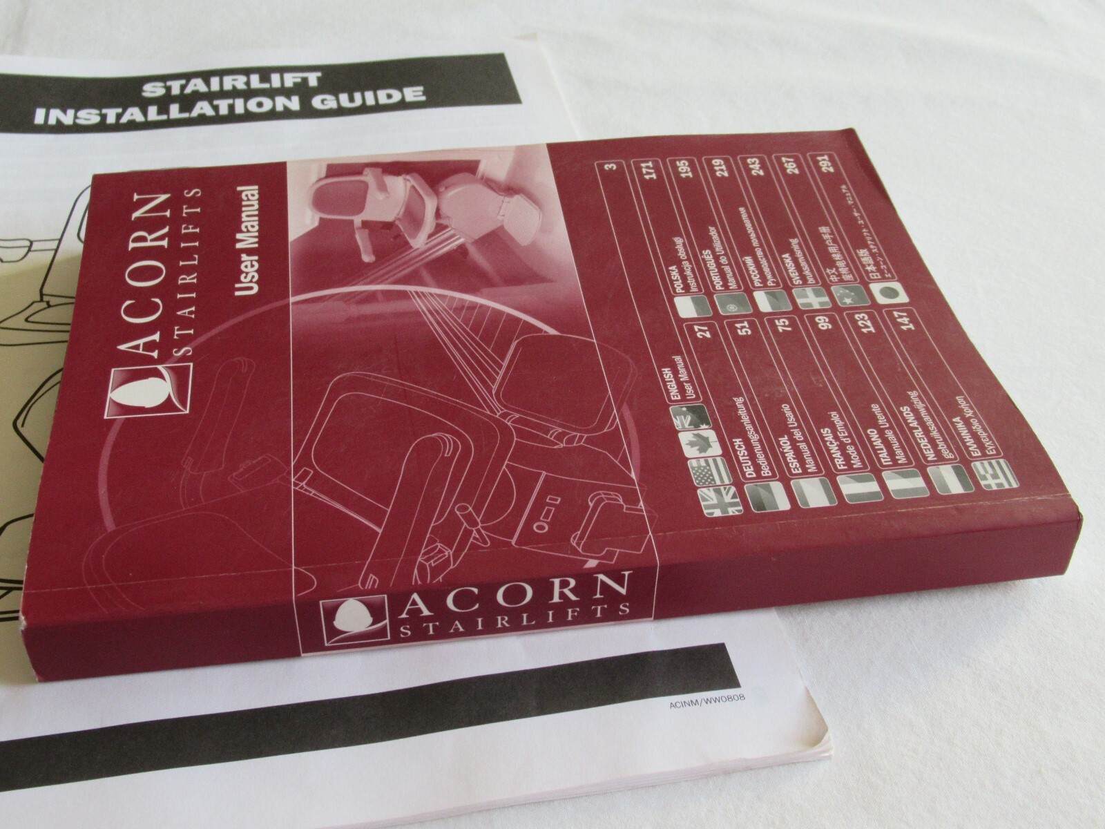 Acorn Superglide 120 Stair lift User Manual-multi Language + Installation Guide