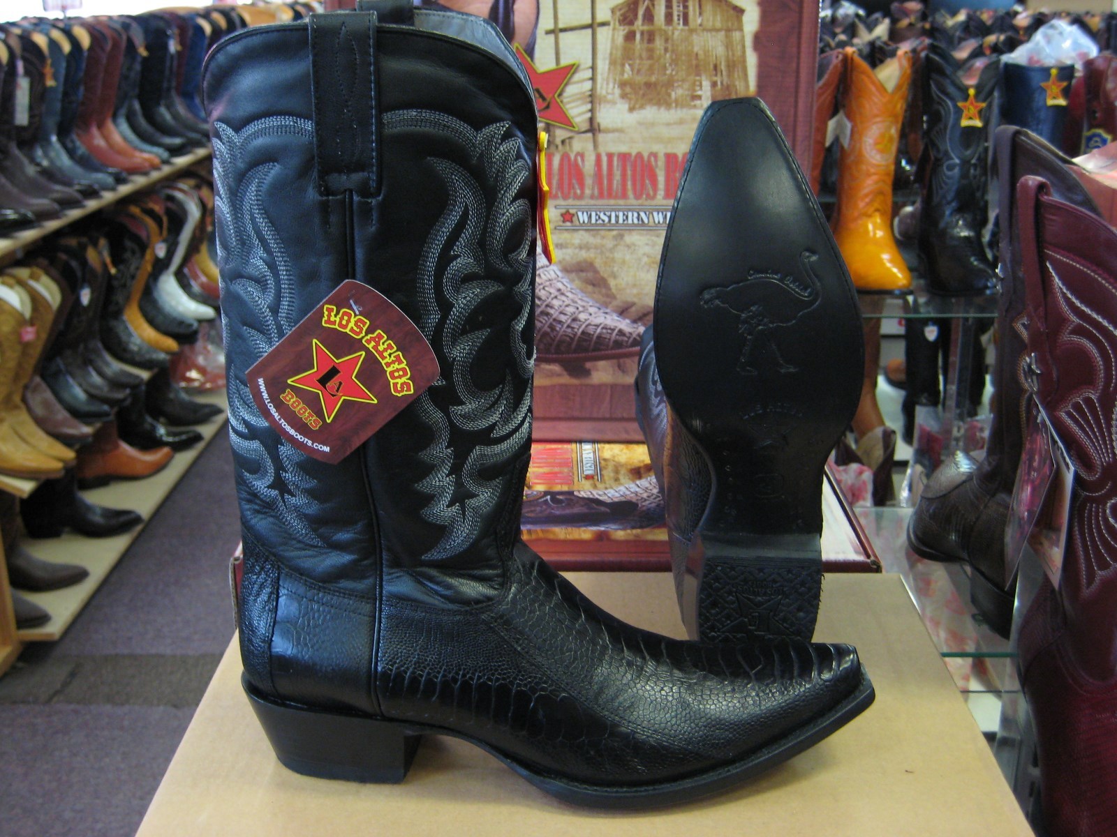 Pre-owned Los Altos Boots Los Altos Black Genuine Snip Toe Ostrich Leg Western Cowboy Boot (ee) 94e0505