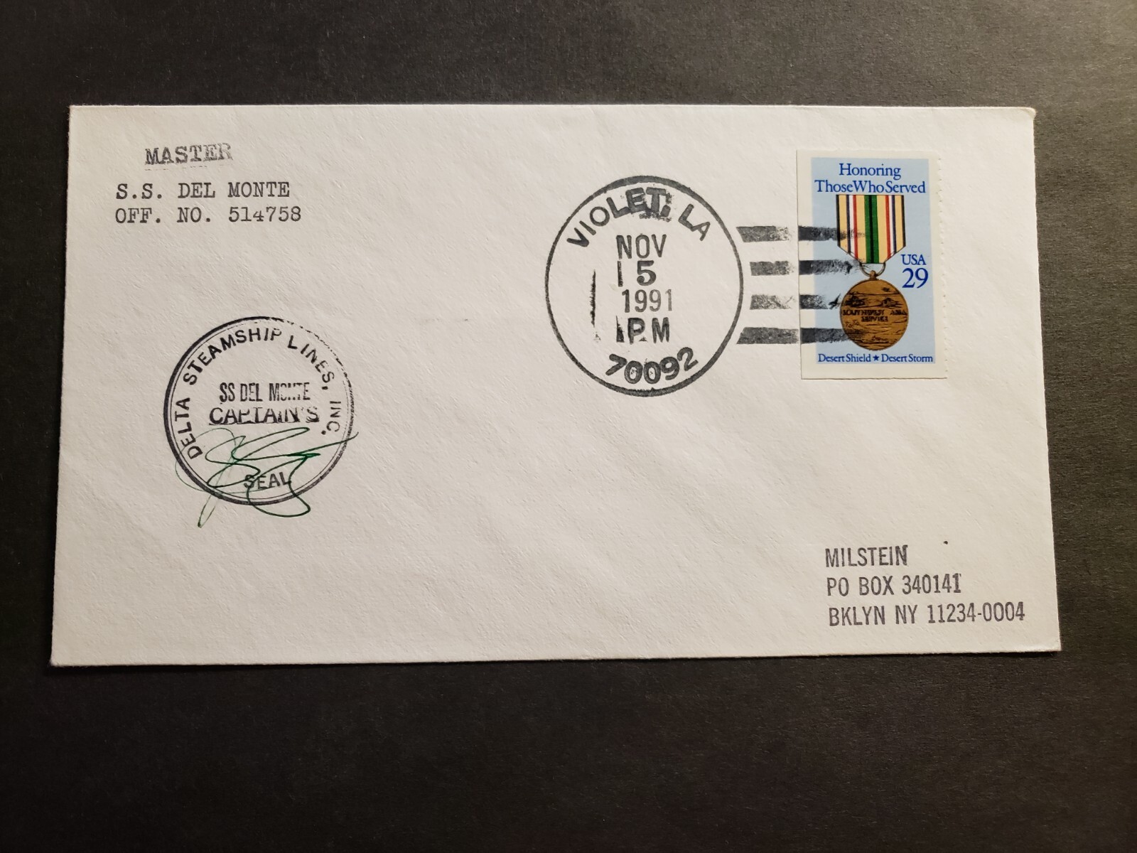 Steamer SS DEL MONTE, Delta Steamship Naval Cover 1991