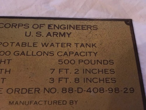 Corps Of Engineers US Army Potable Water Tank Brass Plate
