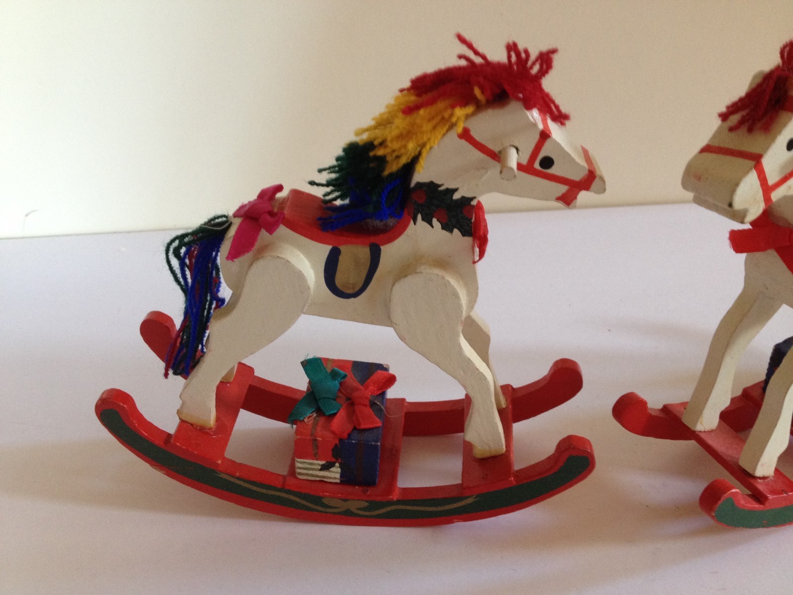 BEAUTIFUL WOOD HAND PAINTED PAIR OF CHRISTMAS ROCKING HORSES 1970'S