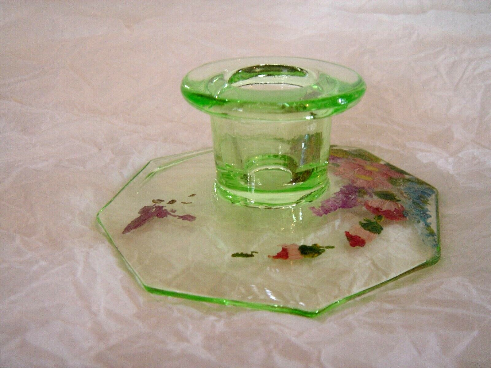 2 VINTAGE ANTIQUE GREEN GLASS CANDLE STICKS HAND PAINTED DELICATE FLOWERS