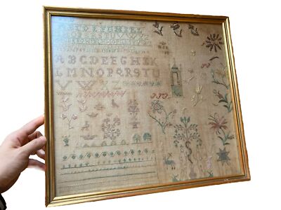 1802 Antique Needlework Sampler Adam and Eve Motif folk art Highly Figural