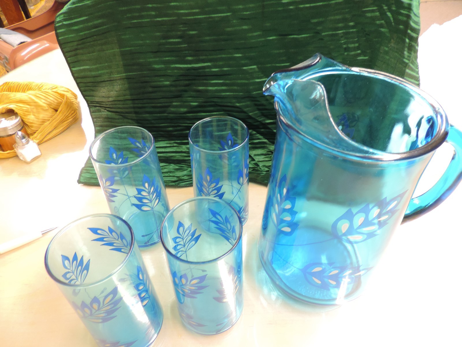 Vintage Blue Glass Pitcher and Four Glasses Leaf Fern Leaf Pattern