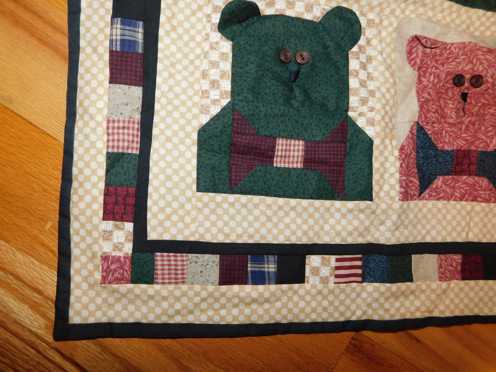 Teddy Bears Small Quilt Panel Handmade w/ Bow Ties Button Eyes Cute!