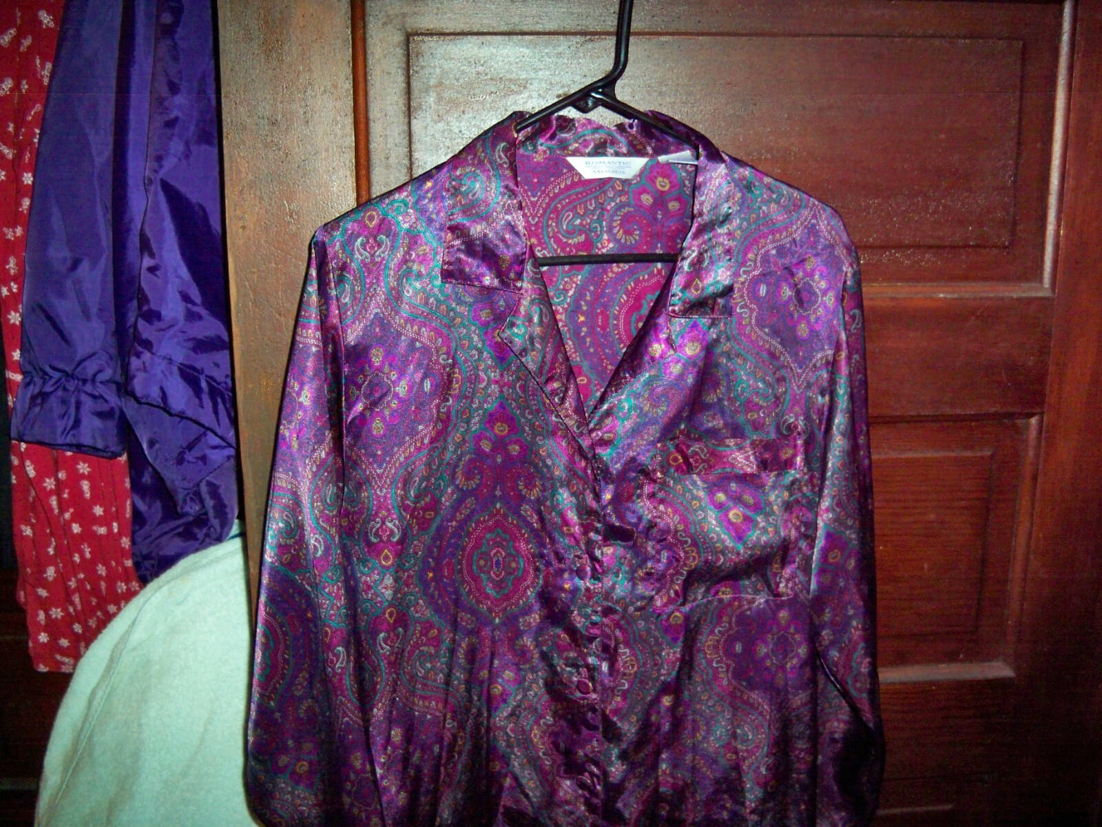 Romantic Moods, ladies royal purple/teal paisley satin sleep shirt,Size Small