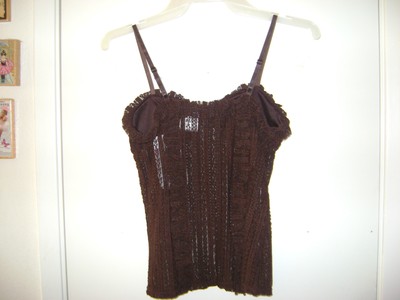 Women's Nylon Spandex Sheer Lace Ruffled Brown Camisole Top w/Lined Cups S NWT