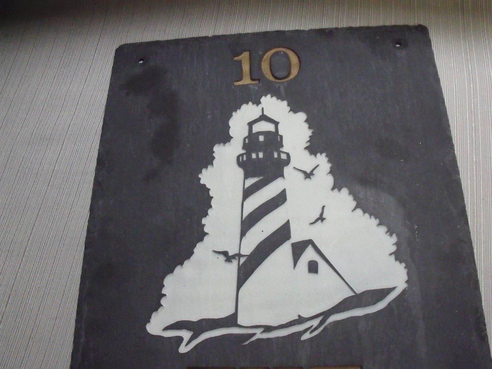 Custom Made  'The Perrys' Numeral 10 Nautical Scene Engaved Painted  Slate