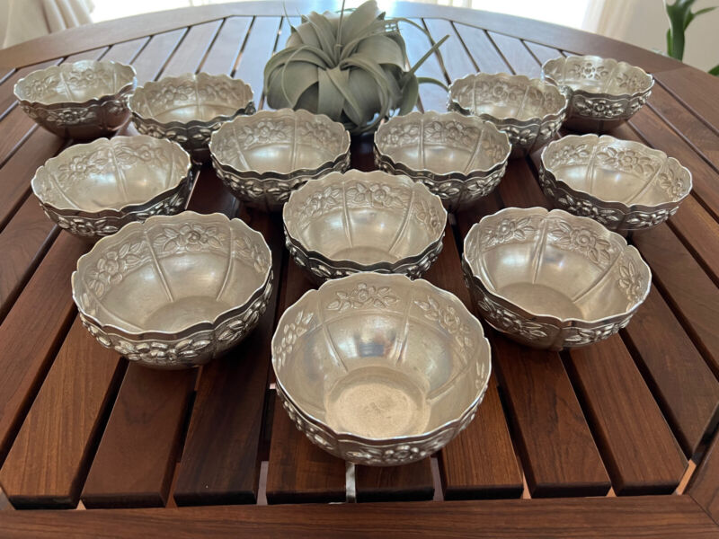 12 Vintage Aztec Rose Sterling Silver Maciel Dessert Bowls