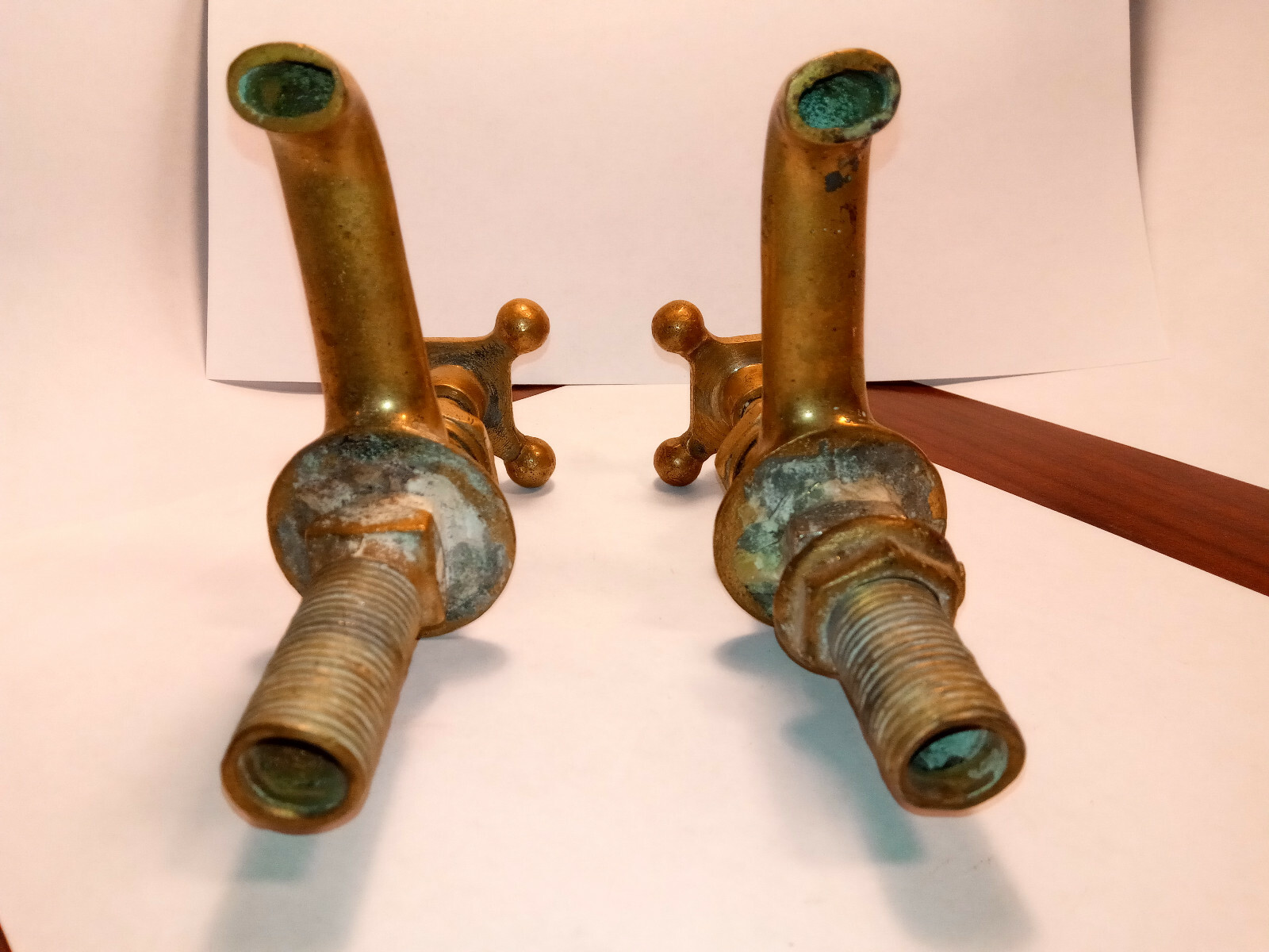 Antique Pair Separate Hot & Cold Cross Handle Brass Porcelain Sink Bath Faucets