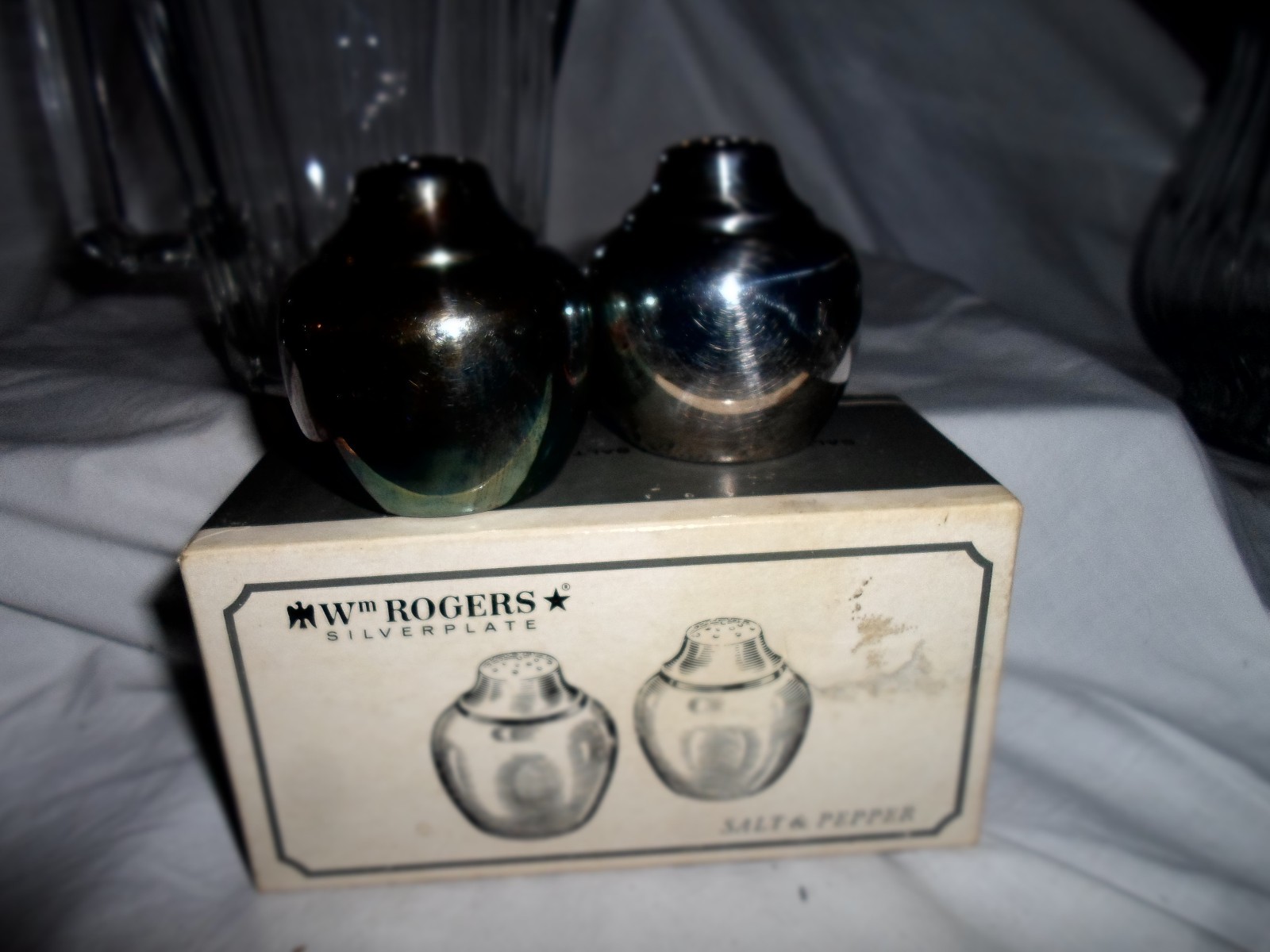 Vintage Clear Glass Water Pitcher Italy  WM Rodgers silverplate salt and pepper