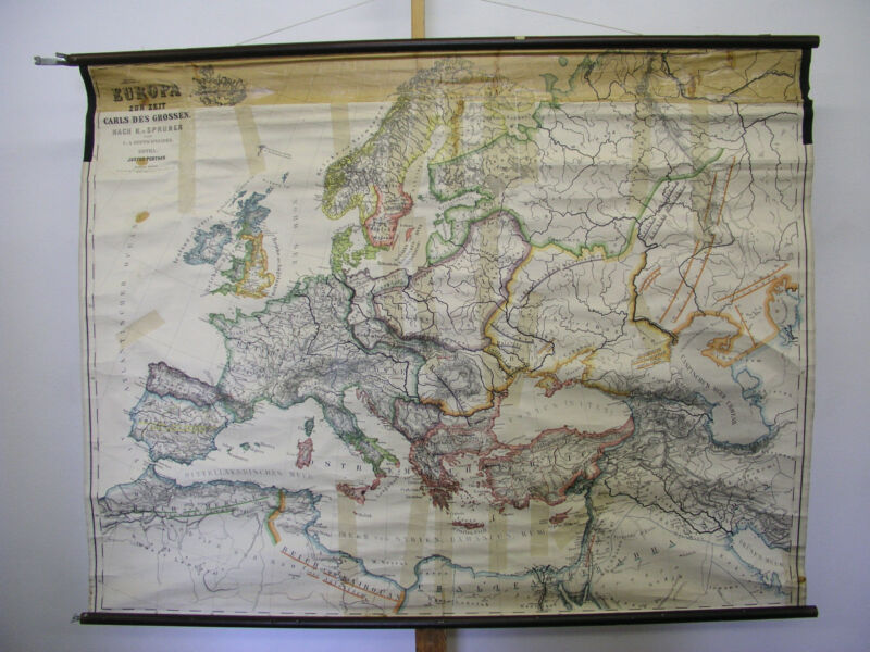 Wall Map Old Europakarte Karl the Great Um 800 157x126 ~ 1940 Vintage V.Spruner