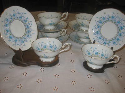 Vintage Coalport Harebell  6 Tea cups & saucers, Turquoise blue, Fine Bone China