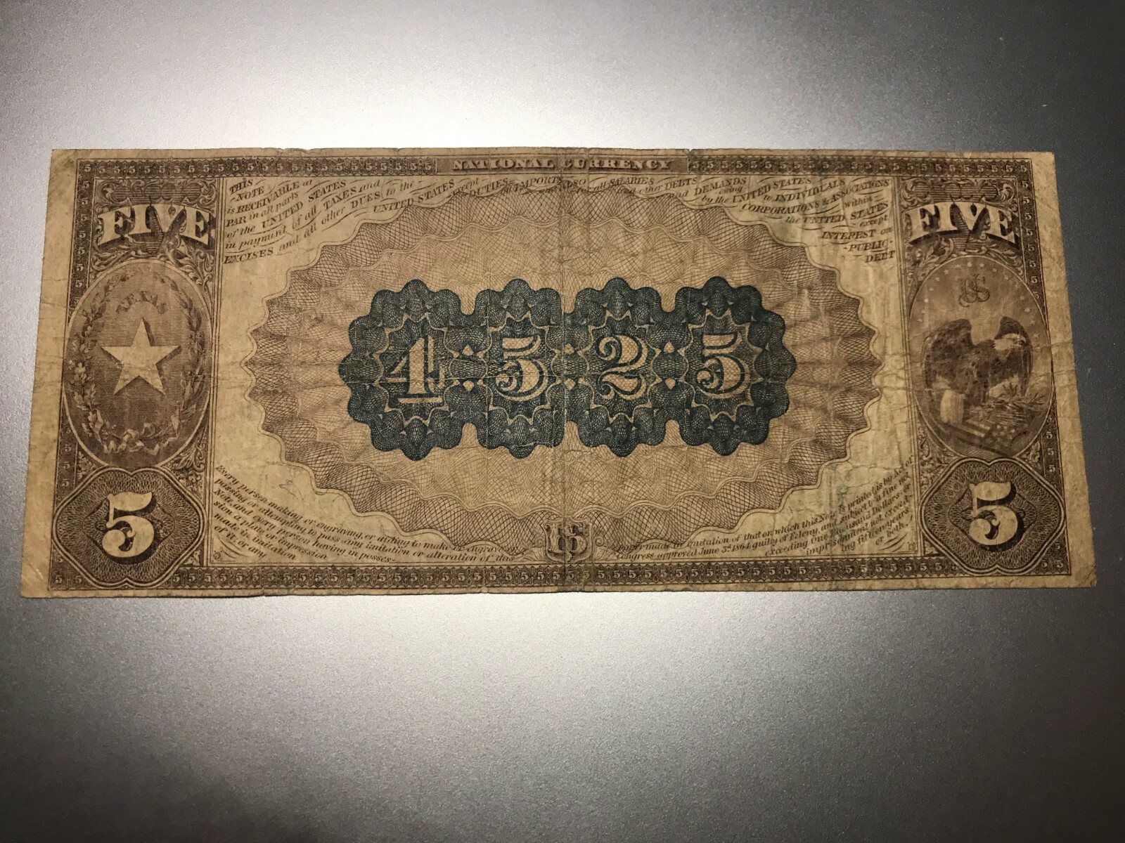 SAN ANTONIO, TEXAS ALAMO NB1882 $5 BROWN BACK NATIONAL BANK NOTE. CHARTER 4525.