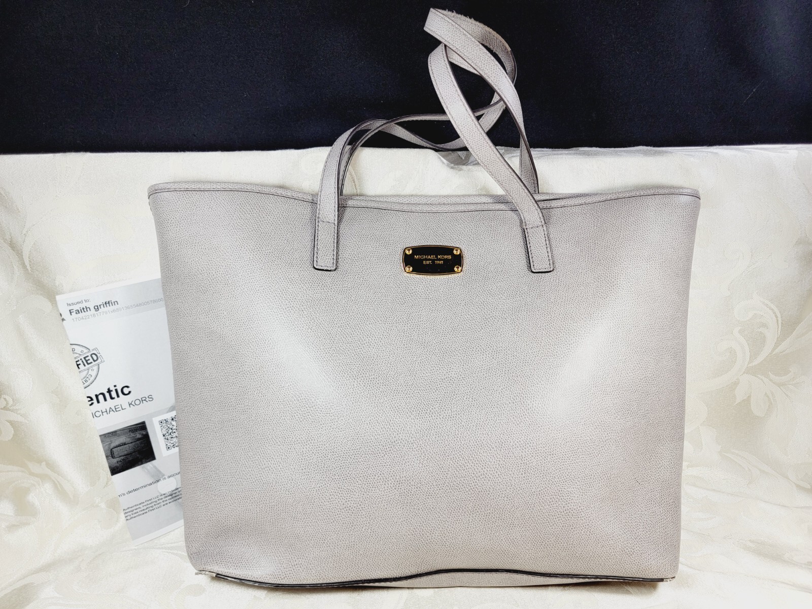【Michael Kors】Shopping Bag Grey Michael Kors Charlotte Signature Leather Large Top Zip Tote