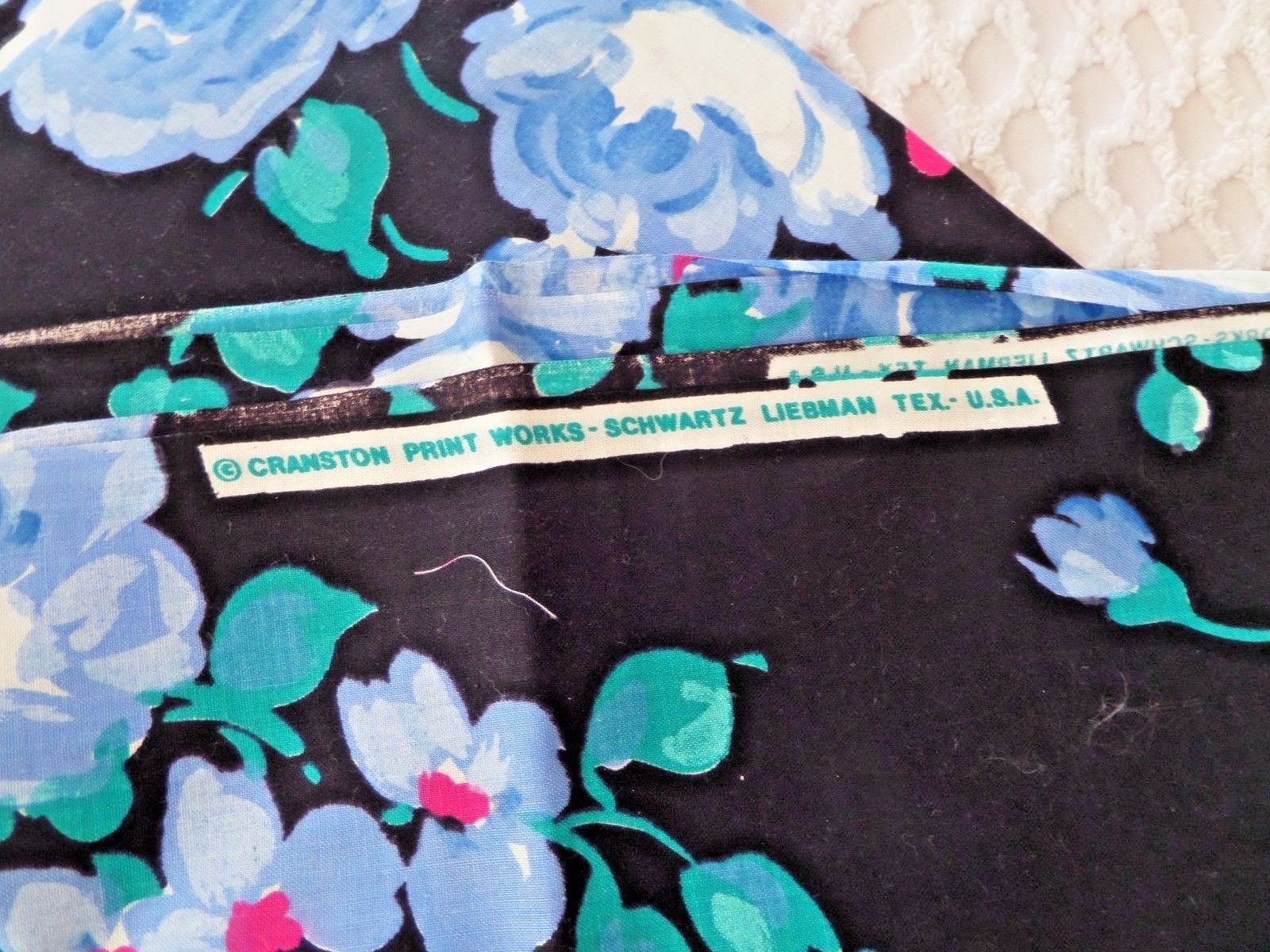 Vtg Blue cabbage rose print fabric on black background 44