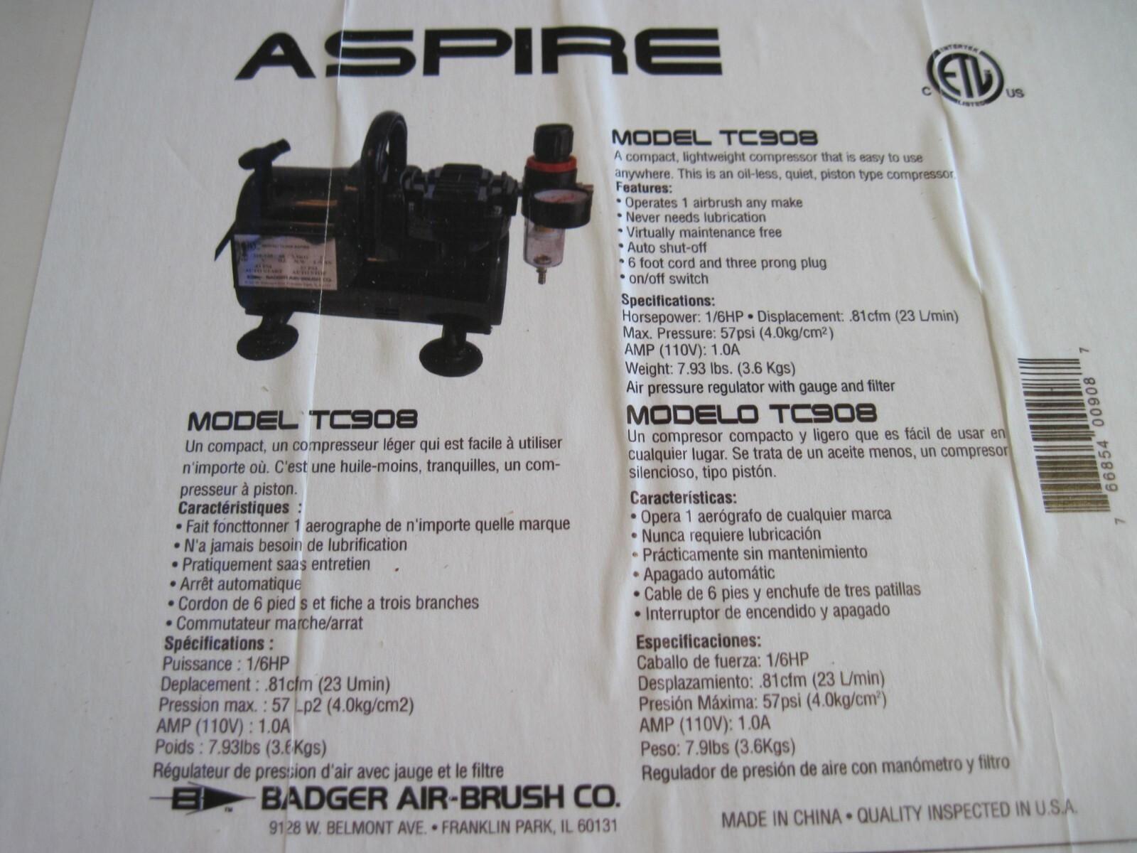 Badger Aspire TC908 1/6 hp,57 psi air compressor for air brush - New