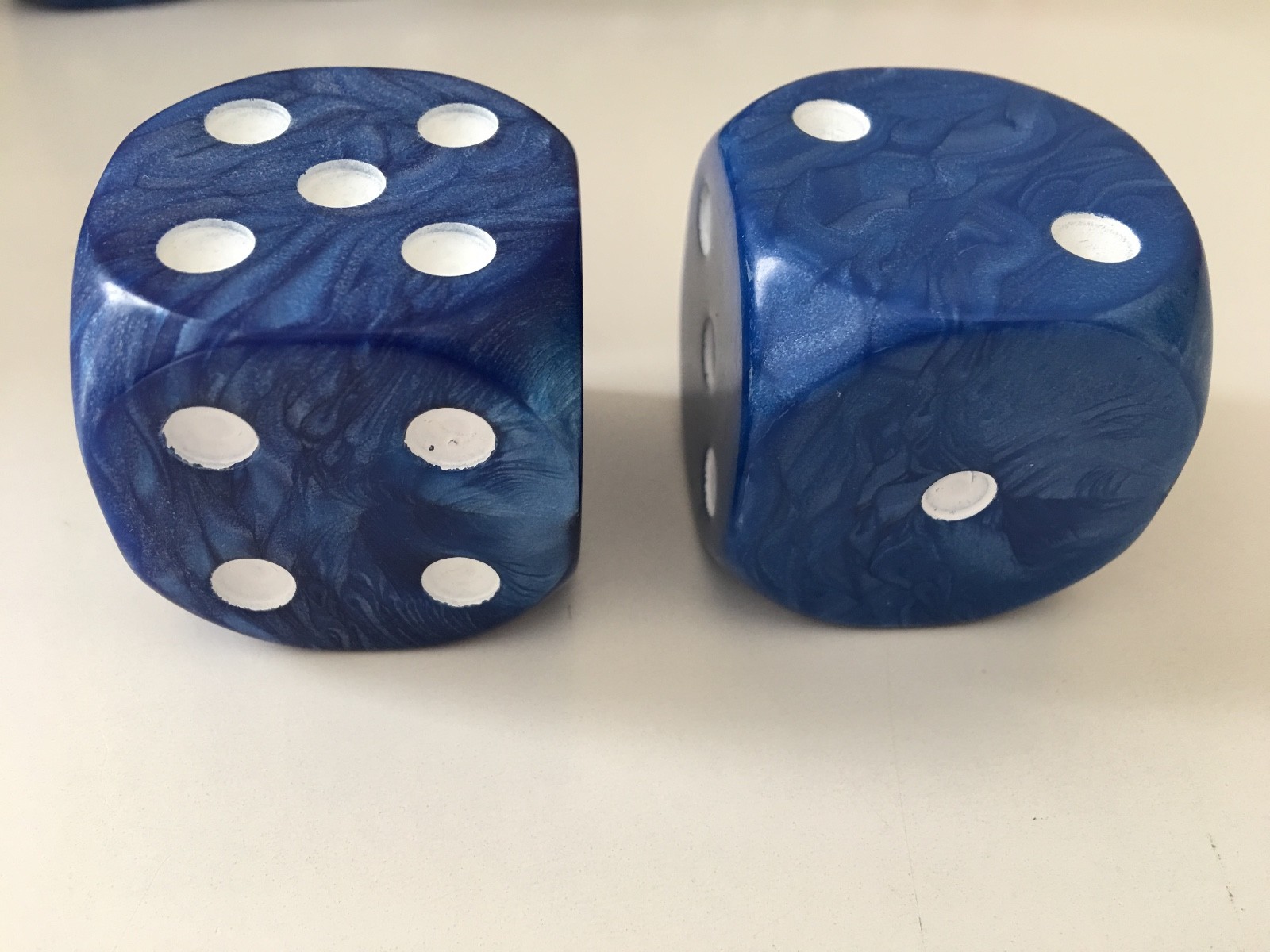 2 36mm Jumbo Large D6 Dice Blue Pearl with White Pips High Quality D & D RPG