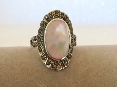 Native American ND Branded Sterling Silver OPAL & Marcasite RING Size 7.75